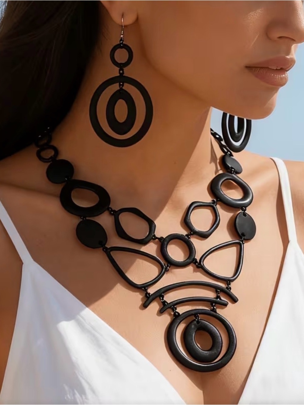 Bold Black Statement Necklace and Earrings Set
